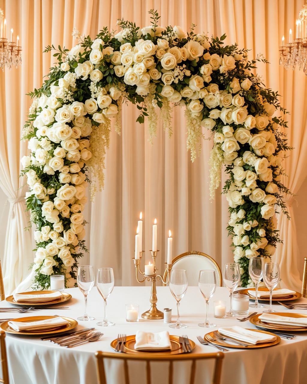 Décor: sweetheart table, floral arch, uplit ballroom